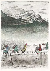 William Kurelek, Children School Bound in Northern B.C. #5/50, colour lithograph on paper