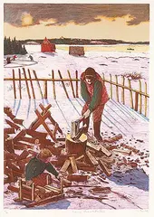 William Kurelek, Evening Chore in the Maritimes #5/50, colour lithograph on paper