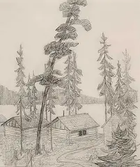 Untitled - Cabins on the Lake by James Edward H.- Attributed to MacDonald, graphite on paper, sold May 2011
