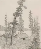 James Edward H.- Attributed to MacDonald, Untitled - Cabins on the Lake, graphite on paper