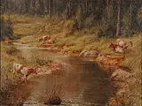 Thomas Mower Martin, Untitled - Cattle at a Stream, oil on paper board