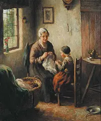The Sewing Lesson by Cornelius Wouter Bouter, oil on canvas, sold May 2011