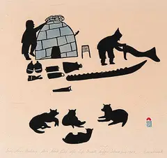 . Niviaxie, Snow House Builders #3 of 8, 1959, colour stonecut on paper