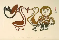 Lucy Qinnuayuak, Child with Captive Bird #17/50, 1961, colour stonecut on paper