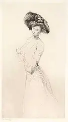 Edgar Chahine, Untitled - Lady with White Dress and Hat #17/40, etching on paper