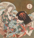 Hokkei, Untitled - Lady in Fall Leaves, colour wood block on paper