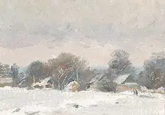 Kiev Andrievsky Sobor, Untitled - Winter Village Scene, Ukraine, oil on paper board