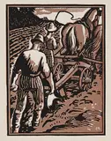 Edwin Holgate, Untitled - Ploughing the Field, colour wood block on paper
