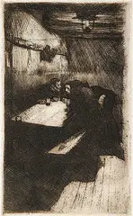 Käthe Kollwitz, Untitled - Discussion in the Pub, etching on paper