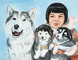 Mona Thrasher, Untitled - Child with Puppies and Dog, acrylic on canvas board