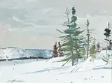 Edge of a Spruce Grove - Near St.Tite Des Caps, P.Q. April 14, 1972 by George Lorne Holland Bouchard, 1972, oil on board, sold Oct 2010