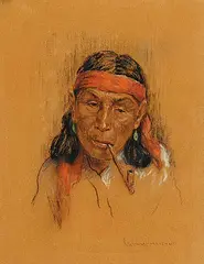 Nicholas Raphael de Grandmaison, Untitled - Indian Brave Smoking Pipe, pastel on sandpaper
