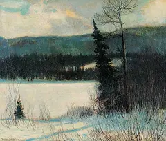 Frank Johnston, A Mood in March, oil on wood board