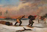 Untitled - Two Trappers on Snowshoes by Cornelius - Circle of Krieghoff, oil on canvas, sold Oct 2010