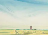 Robert Newton Hurley, Untitled - Prairie Landscape with Grain Elevator and Stooks