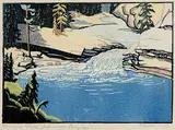Second Falls, Johnson's Canyon #117/200 by Margaret Shelton, 1943, lino block in five colours on paper, sold Oct 2010
