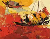 Tinyan Chan, Untitled - Two Chinese Junks on the Red Sea with Yellow Sky, oil on canvas
