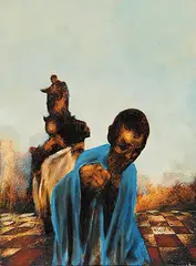 Michael Burns, Untitled - Figure with Blue Cloak, oil on wood board