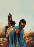 Michael Burns, Untitled - Figure with Blue Cloak, oil on wood board