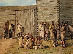 Matt Lindstrom, Untitled - Indians at the Fort, oil on canvas