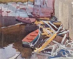 Thomas Wesley McLean, Untitled - Boats at Dock, watercolour on paper