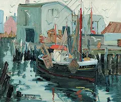 Gloucester Wharf by Dorothy Parsons, oil on wood board, sold Apr 2010