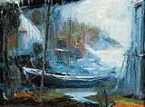 Joseph Douglas Purcell, Schooner at the Fisherman's Warf Near Stonehurst, oil on canvas board