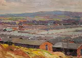 John William Beatty, Northern Mining Town, oil on wood panel