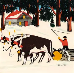Maud Lewis, Untitled - Oxen Pulling a Log, 1962, enamel on paper board