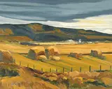 John Harold Thomas Snow, Haystacks, Turner Valley Road, 1976, oil on canvas board