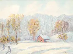 Untitled - Still Winter Day by Robert Henry Lindsay, oil on paper board, sold Apr 2010