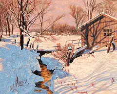 Untitled - Farmyard in Winter by Paul Rodrik, oil on wood board, sold Apr 2010