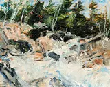 Bruce Steinhoff, Rocks and Whitewater, 1979, oil on wood board