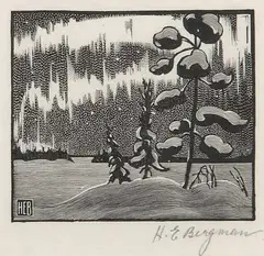 Henry Eric Bergman, Northern Lights, wood block on paper