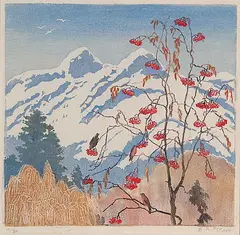 Beatrice Emma Adelaide Fry, Winter Festival, Coast Range #11/30, 1944, colour lino block on paper