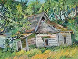 Kenneth Gordon, Early Residence Growing over with Trees Near Gimli, 1973, oil on wood board