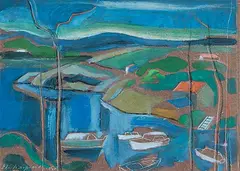 Max Maynard, Boats and Red Roofs, The Gorge, 1980, acrylic on paper