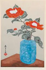 Yoshijuro Urushibara, Camelias, 1938, colour wood block on paper