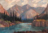 Untitled - Mountain River by Roland Gissing, oil on paper board, sold Nov 2009