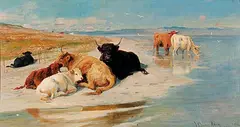 Joseph Denovan Adam, Highland Cattle by an Estuary, 1886, oil on board