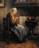Johanna Gerarda Th. Van Eybergen, Untitled - Sewing by the Stove, oil on canvas