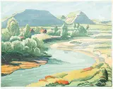 Margaret Shelton, Robin Hood Hills, Drumheller #26/50, 1942, wood block in eight colours on paper