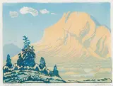 Mount Rundle [Rockface] #18/100 by Margaret Shelton, 1942, lino block in four colours on paper, sold Nov 2009