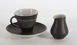 Lucie Rie, Untitled - Black and White Teacup with Saucer and Pitcher