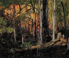October Woods by Thomas Garland Greene, 1918, oil on board, sold Apr 2009