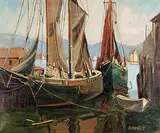 Henry J. Billings, Untitled - Two Sailboats at Dock, oil on canvas