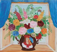 Marie-Cécile Bouchard, Untitled - Flowers in Decorative Pot with Butterflies, oil on thin fabric on board