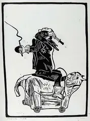 Ivan Eyre, Black Rider - Stiletto, wood block on paper
