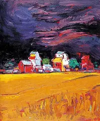 Nedjo Jovanetic, Prairie Grain Elevators, 1998, acrylic on canvas