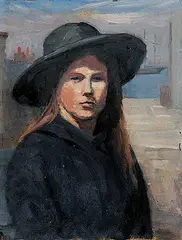 Edward S. Lowe, Untitled - Lady with the Black Fedora, oil on paper board